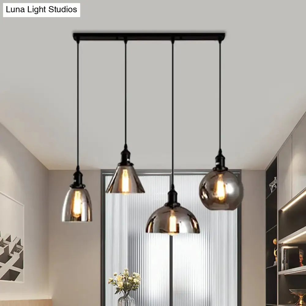 Industrial Smoked Glass Geometric Pendant Light Cluster with Black 3/4 Lights, Linear/Round Canopy