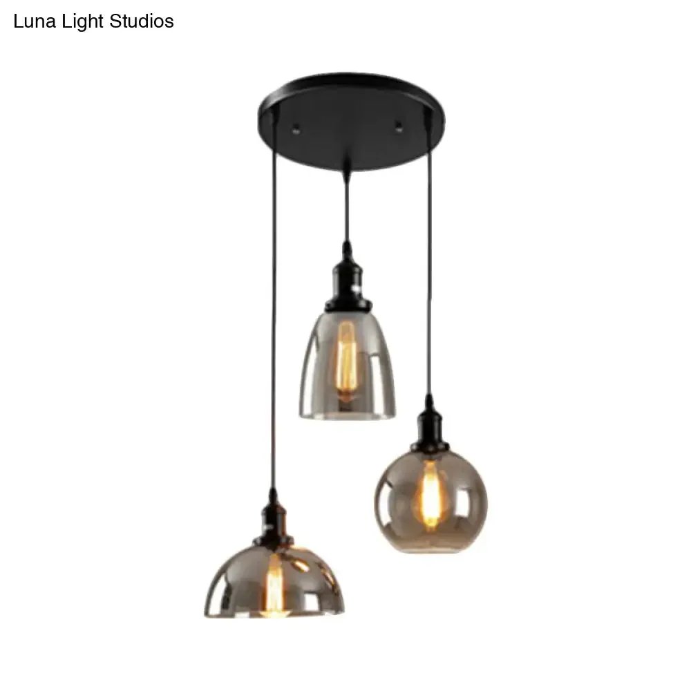 Industrial Smoked Glass Geometric Pendant Light Cluster with Black 3/4 Lights, Linear/Round Canopy