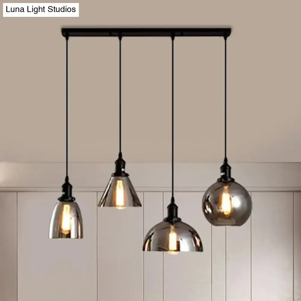 Industrial Smoked Glass Geometric Pendant Light Cluster with Black 3/4 Lights, Linear/Round Canopy