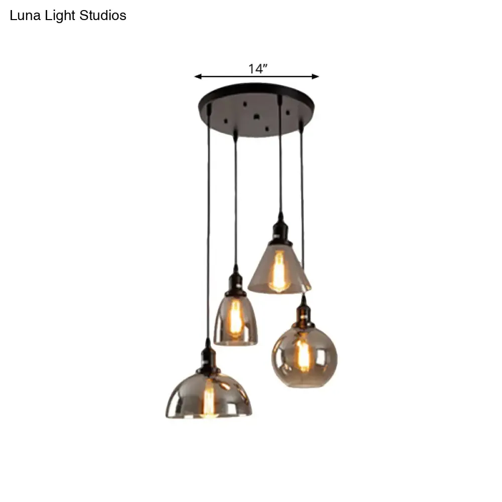 Industrial Smoked Glass Geometric Pendant Light Cluster with Black 3/4 Lights, Linear/Round Canopy