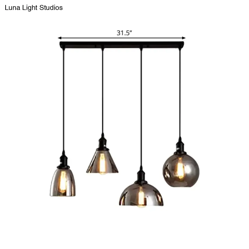 Industrial Smoked Glass Geometric Pendant Light Cluster with Black 3/4 Lights, Linear/Round Canopy