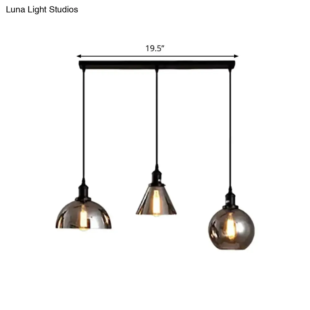 Industrial Smoked Glass Geometric Pendant Light Cluster with Black 3/4 Lights, Linear/Round Canopy