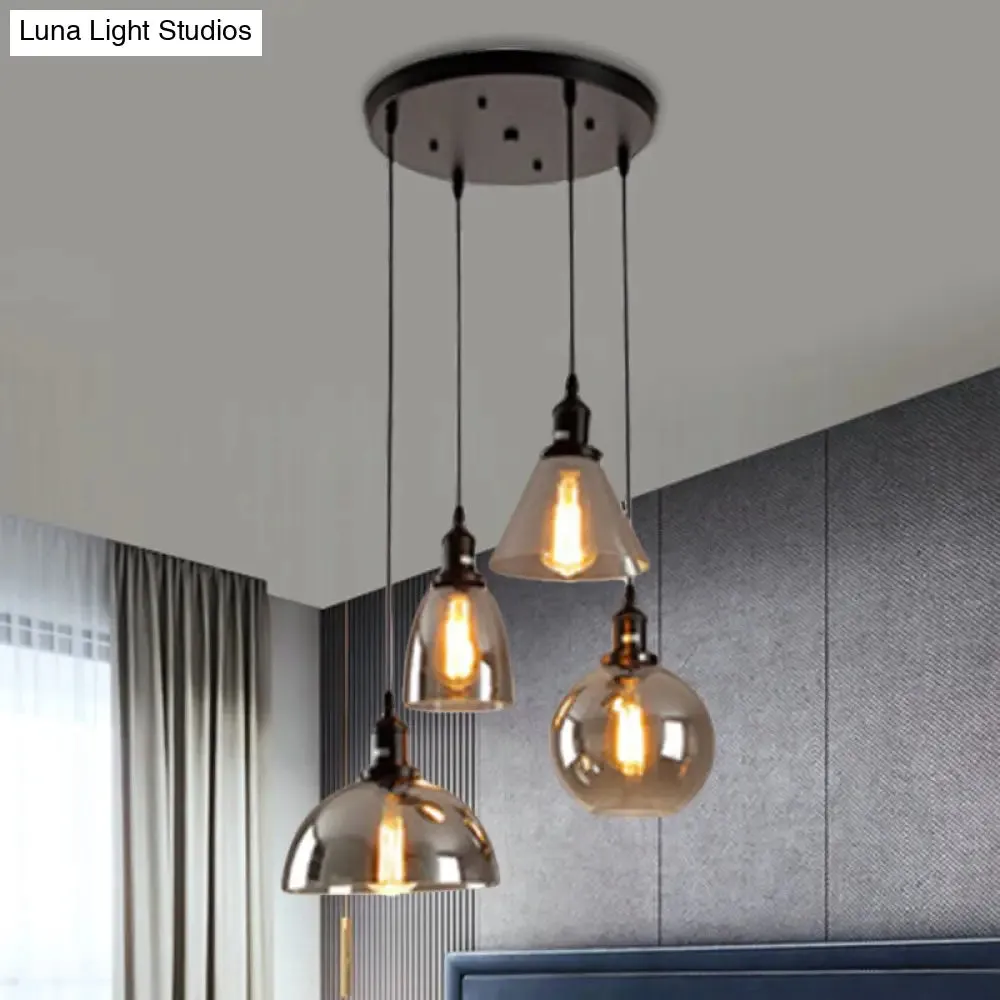 Industrial Smoked Glass Geometric Pendant Light Cluster with Black 3/4 Lights, Linear/Round Canopy