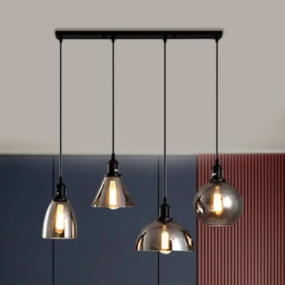 Industrial Smoked Glass Geometric Pendant Light Cluster with Black 3/4 Lights, Linear/Round Canopy