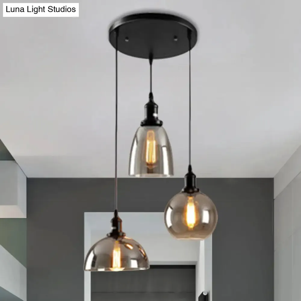 Industrial Smoked Glass Geometric Pendant Light Cluster with Black 3/4 Lights, Linear/Round Canopy