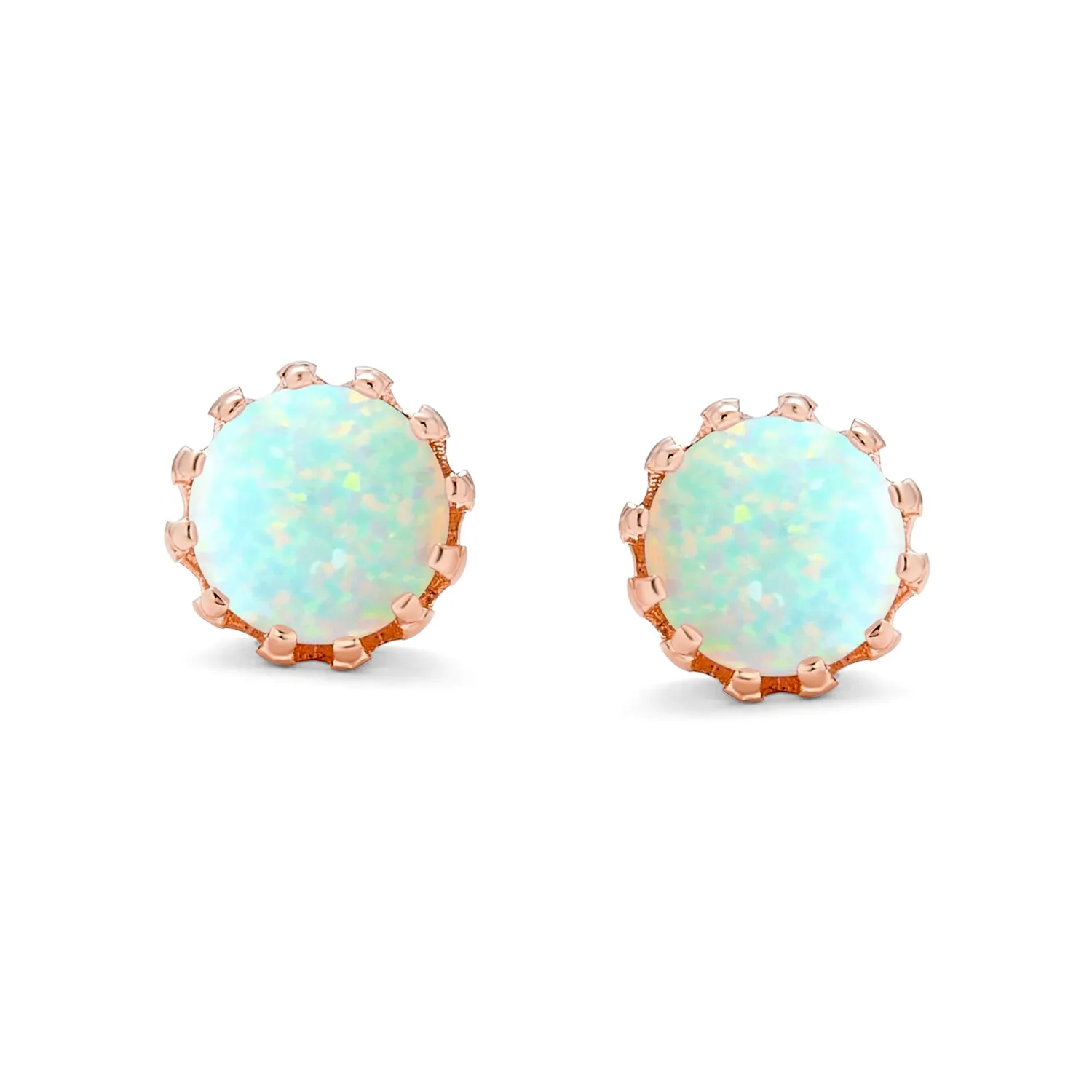 Iridescent Opal Crown Stud Earrings in Rose Gold & Sterling Silver, 6MM Birthstone