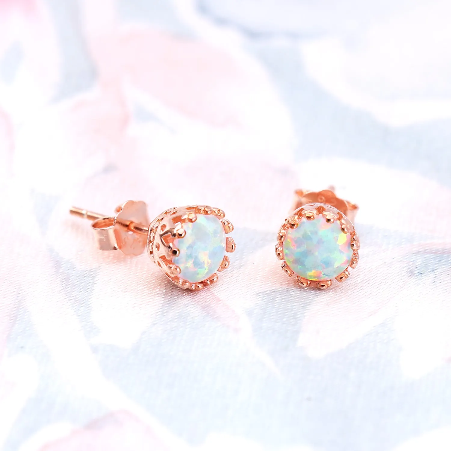 Iridescent Opal Crown Stud Earrings in Rose Gold & Sterling Silver, 6MM Birthstone