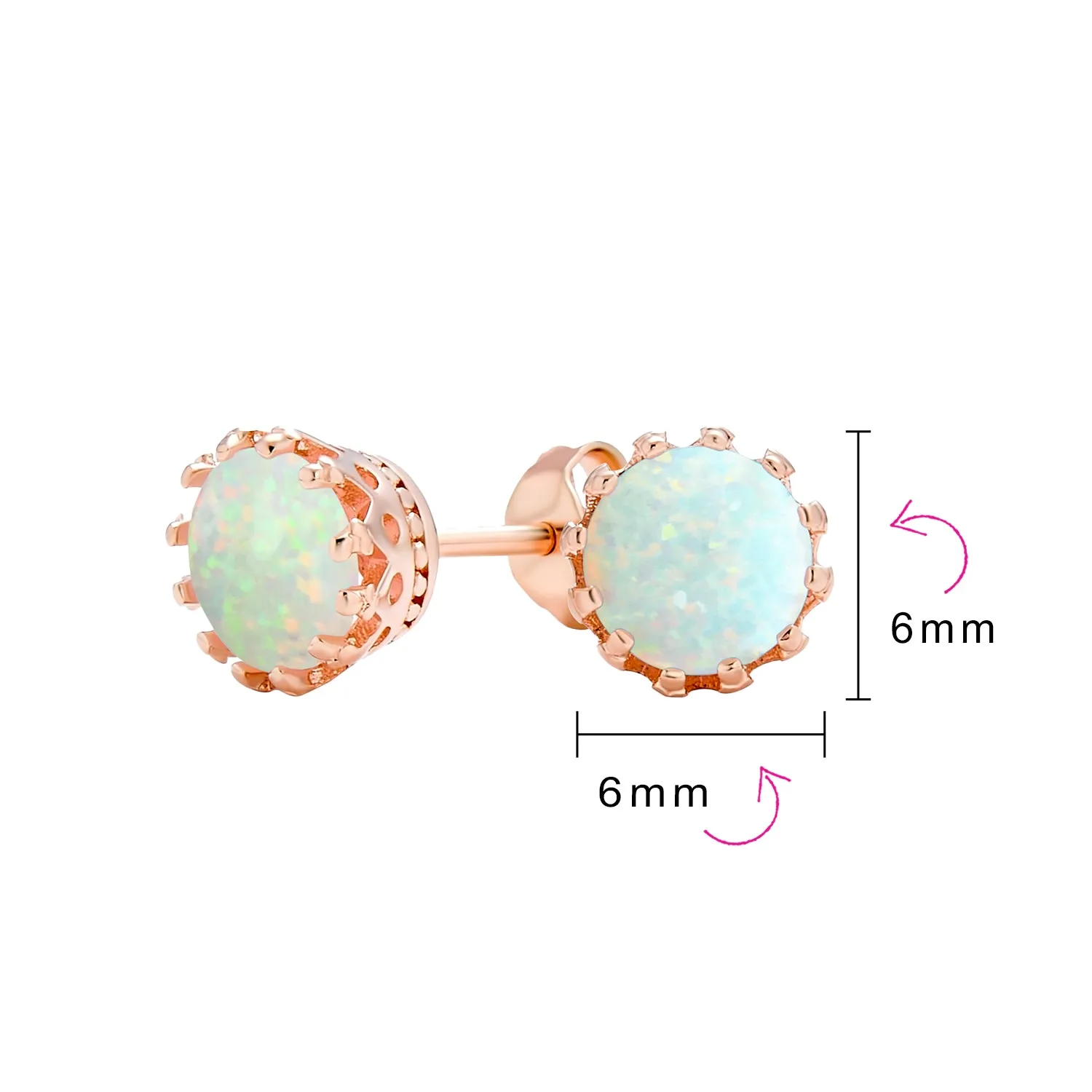 Iridescent Opal Crown Stud Earrings in Rose Gold & Sterling Silver, 6MM Birthstone