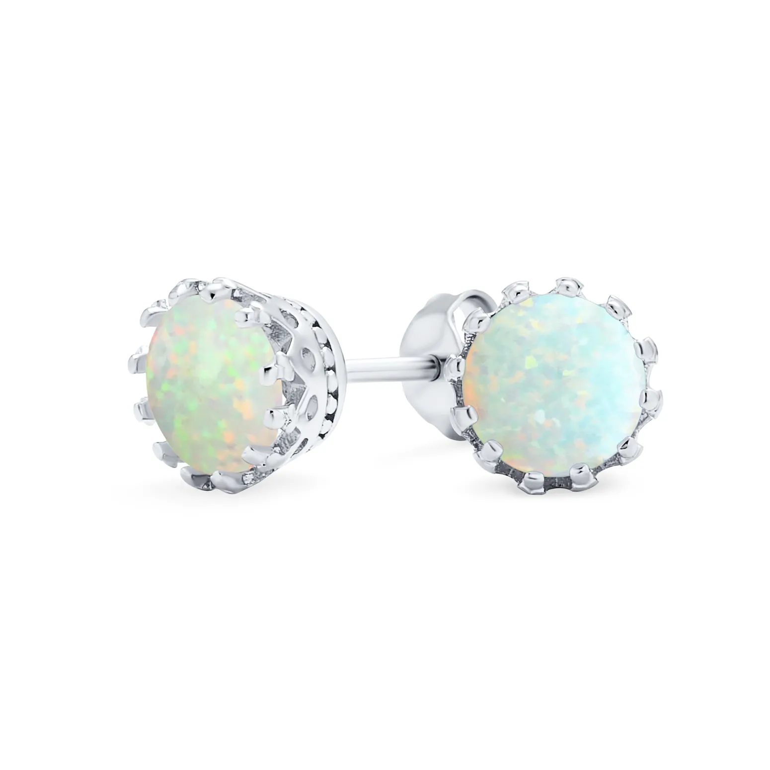 Iridescent Opal Crown Stud Earrings in Rose Gold & Sterling Silver, 6MM Birthstone