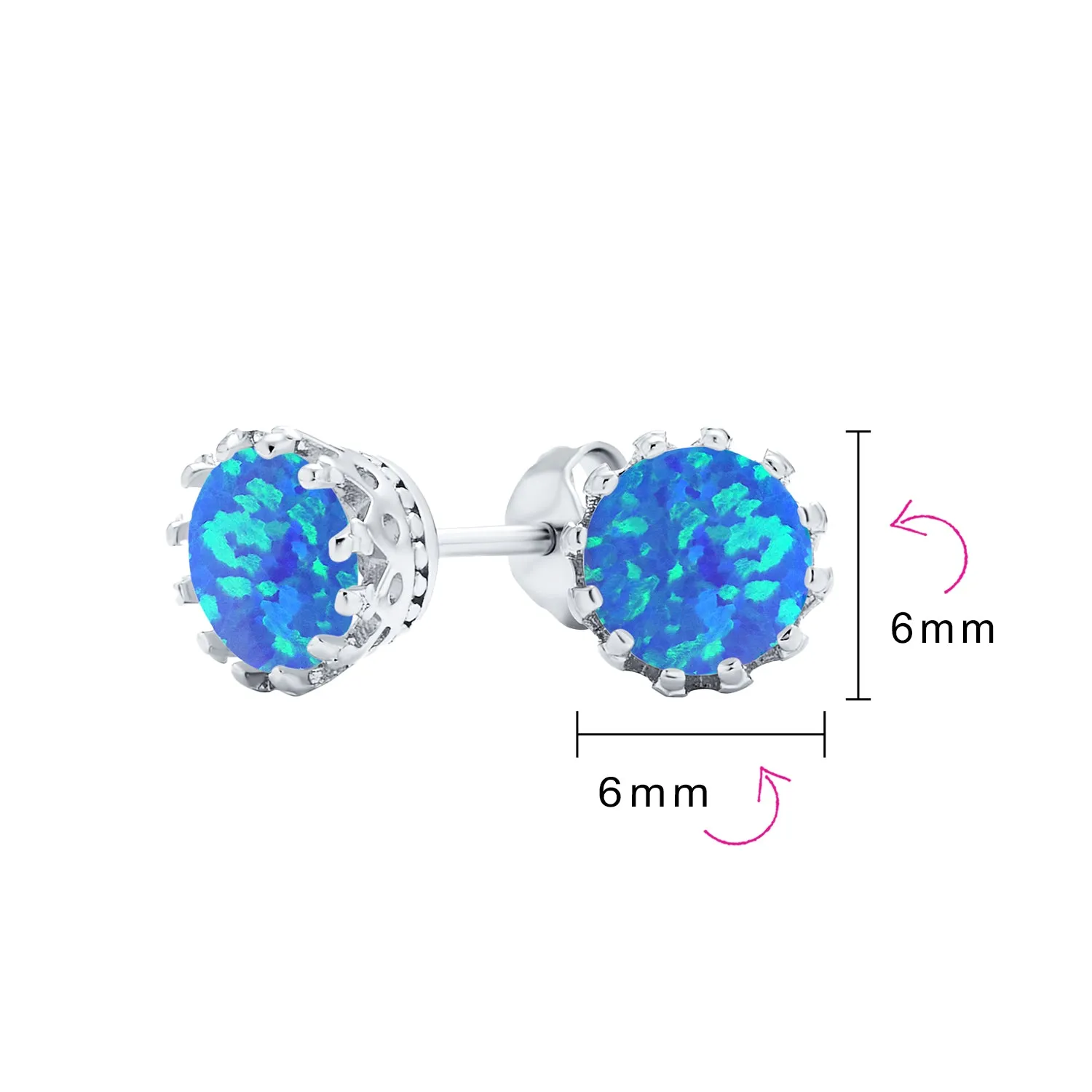 Iridescent Opal Crown Stud Earrings in Rose Gold & Sterling Silver, 6MM Birthstone