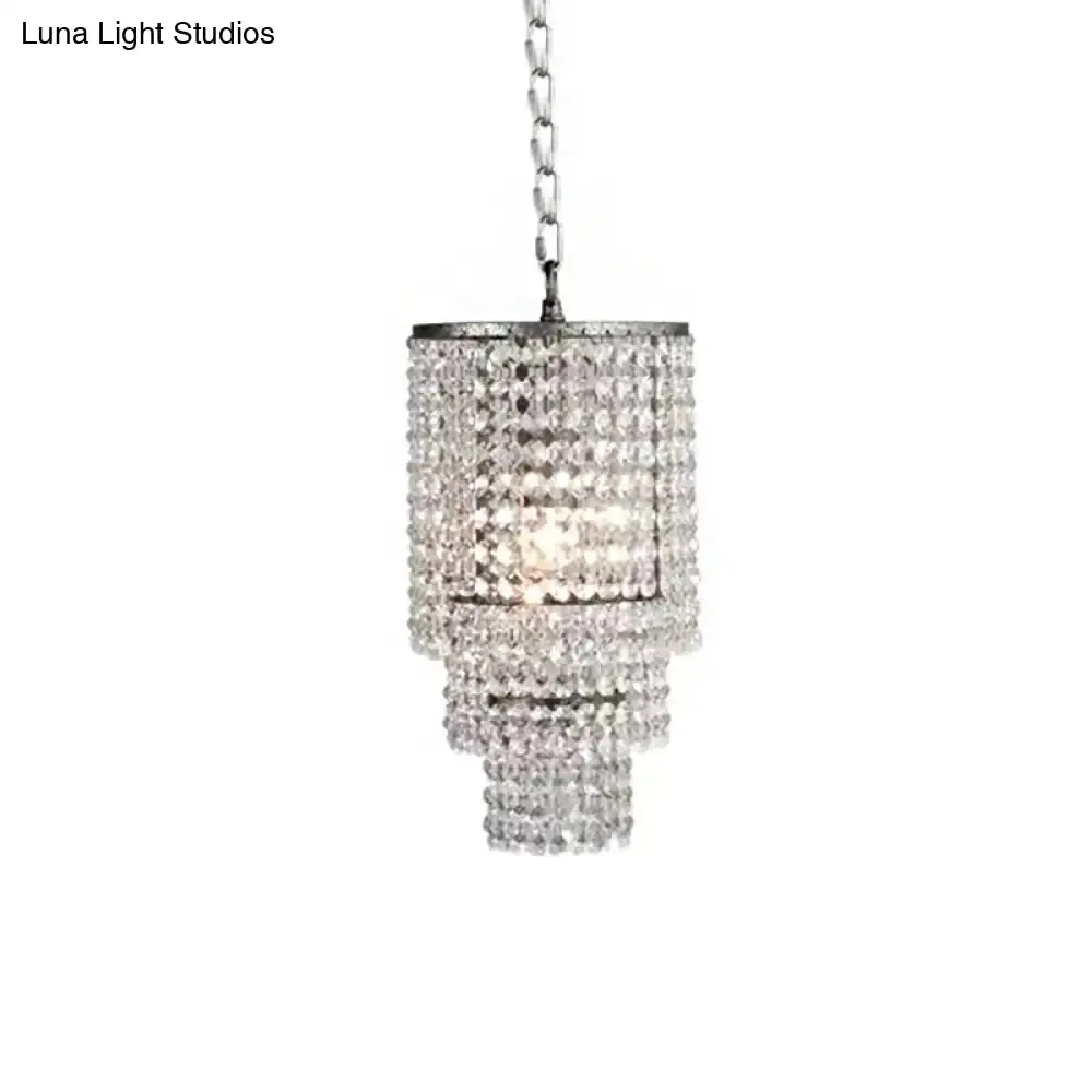 Luxurious Cylinder Pendant Light with Clear Crystal Beads - Ideal for Adult Bedroom Lighting