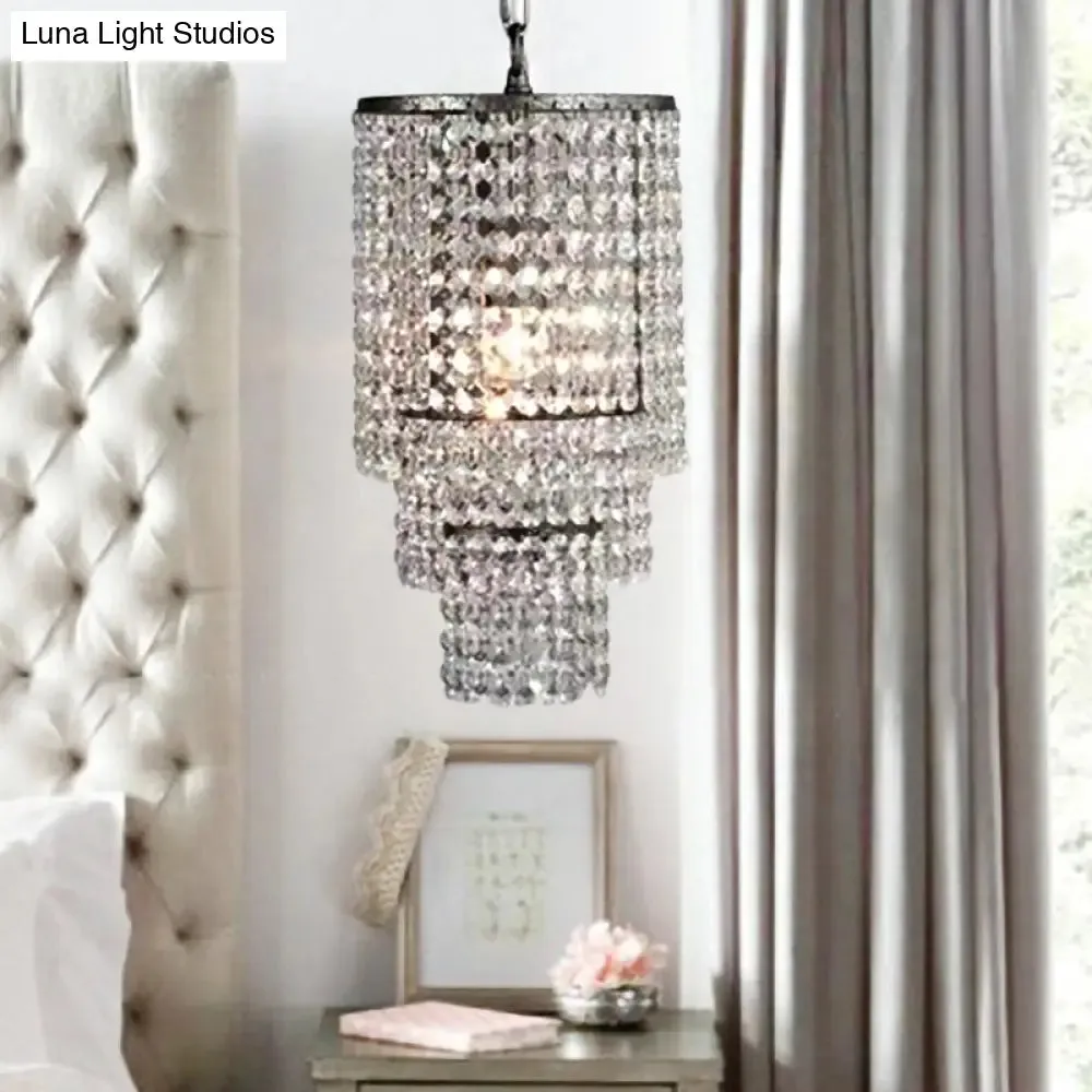 Luxurious Cylinder Pendant Light with Clear Crystal Beads - Ideal for Adult Bedroom Lighting