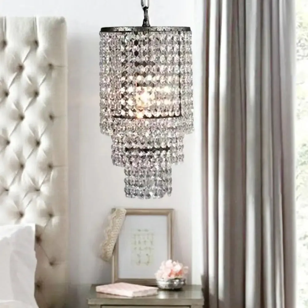 Luxurious Cylinder Pendant Light with Clear Crystal Beads - Ideal for Adult Bedroom Lighting