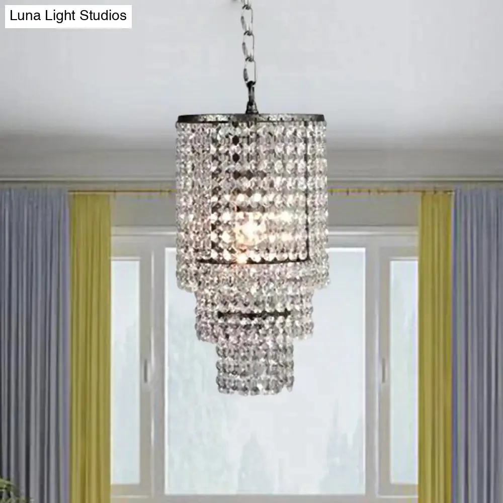 Luxurious Cylinder Pendant Light with Clear Crystal Beads - Ideal for Adult Bedroom Lighting