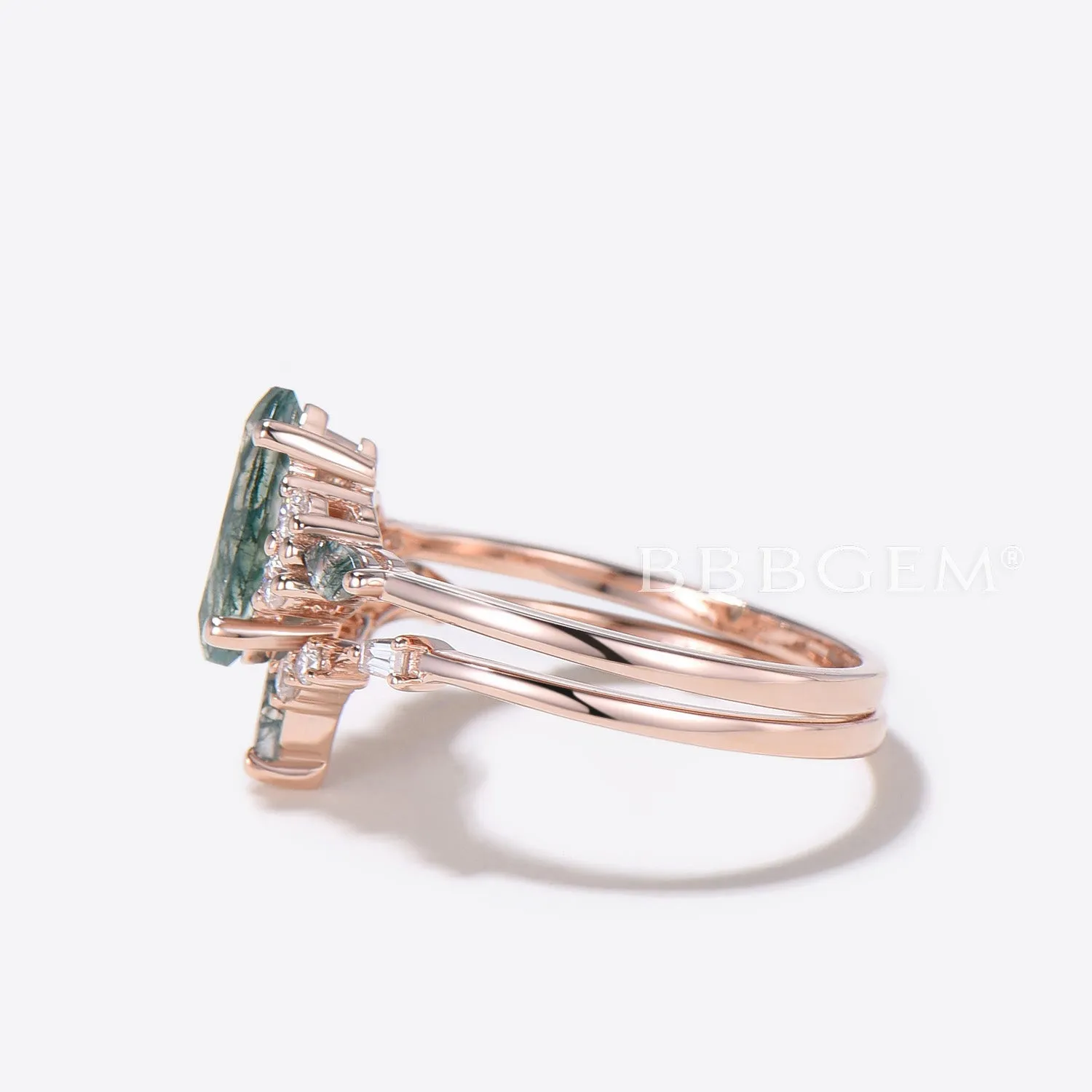 Marquise Natural Moss Agate Engagement Ring Rose Gold 7 Stone Ring