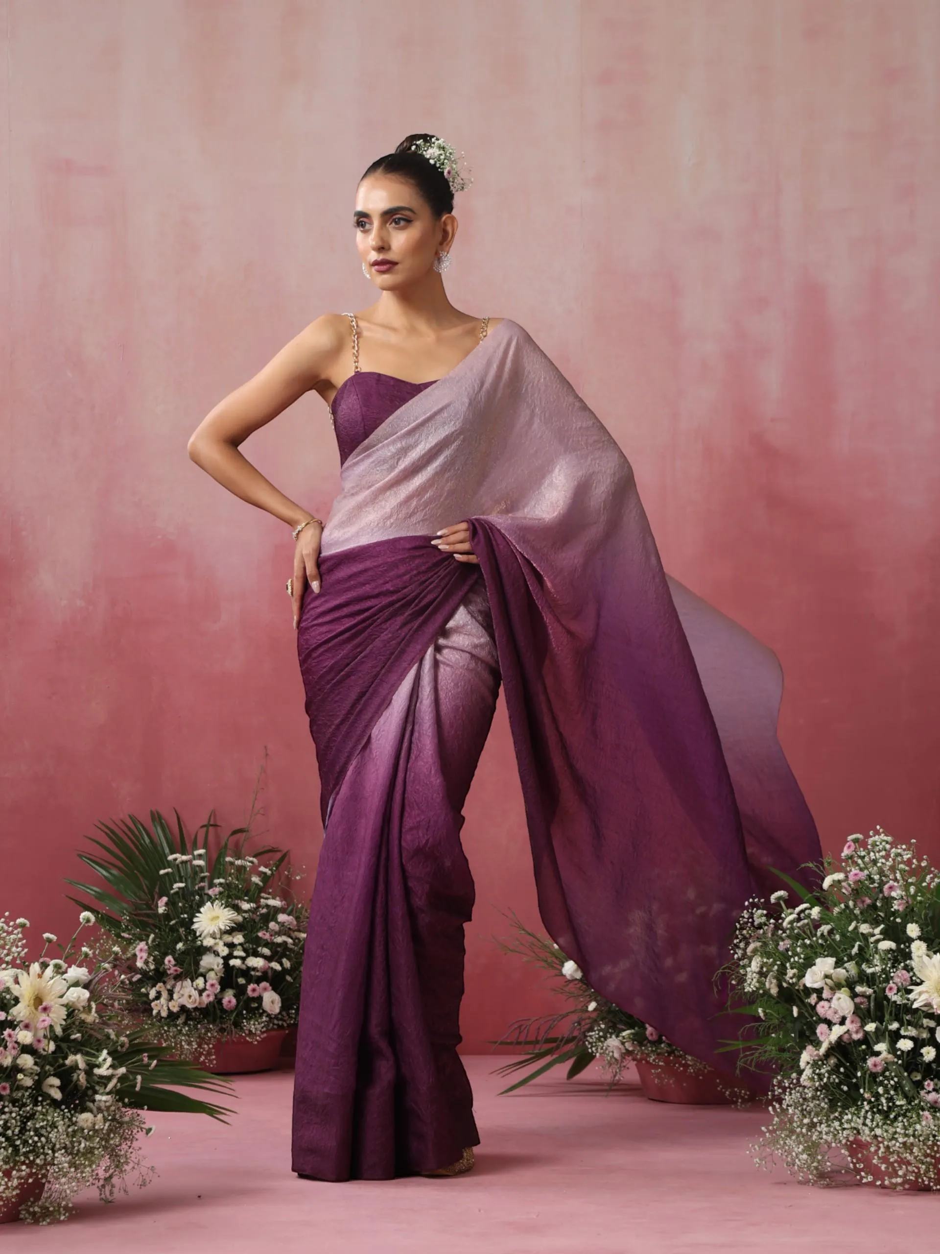 Mauve Twist Ombre Crushed Metallic Satin Saree with Blouse Fabric