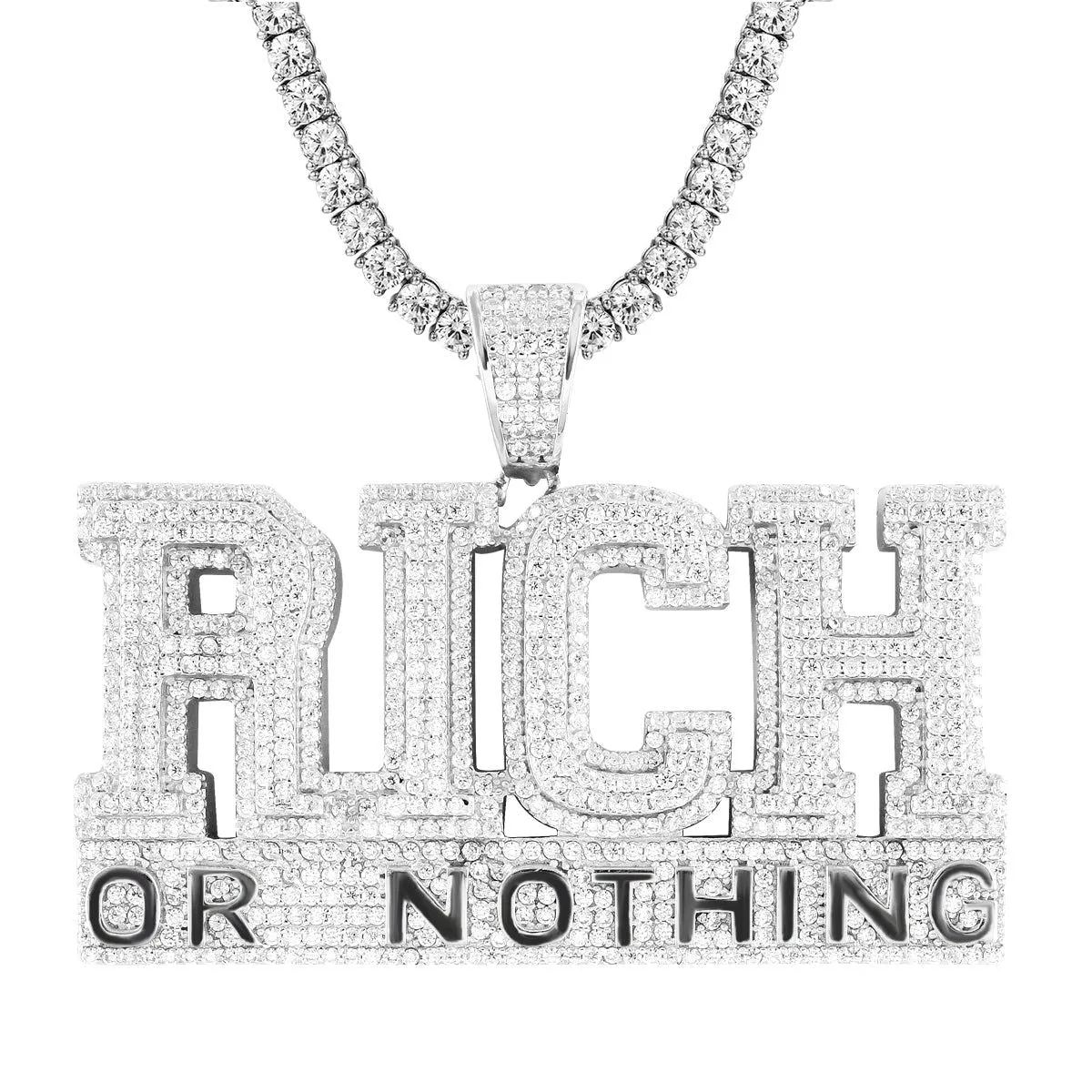 Mens Rich Or Nothing Bling .925 Silver Bling Double Layer Pendant