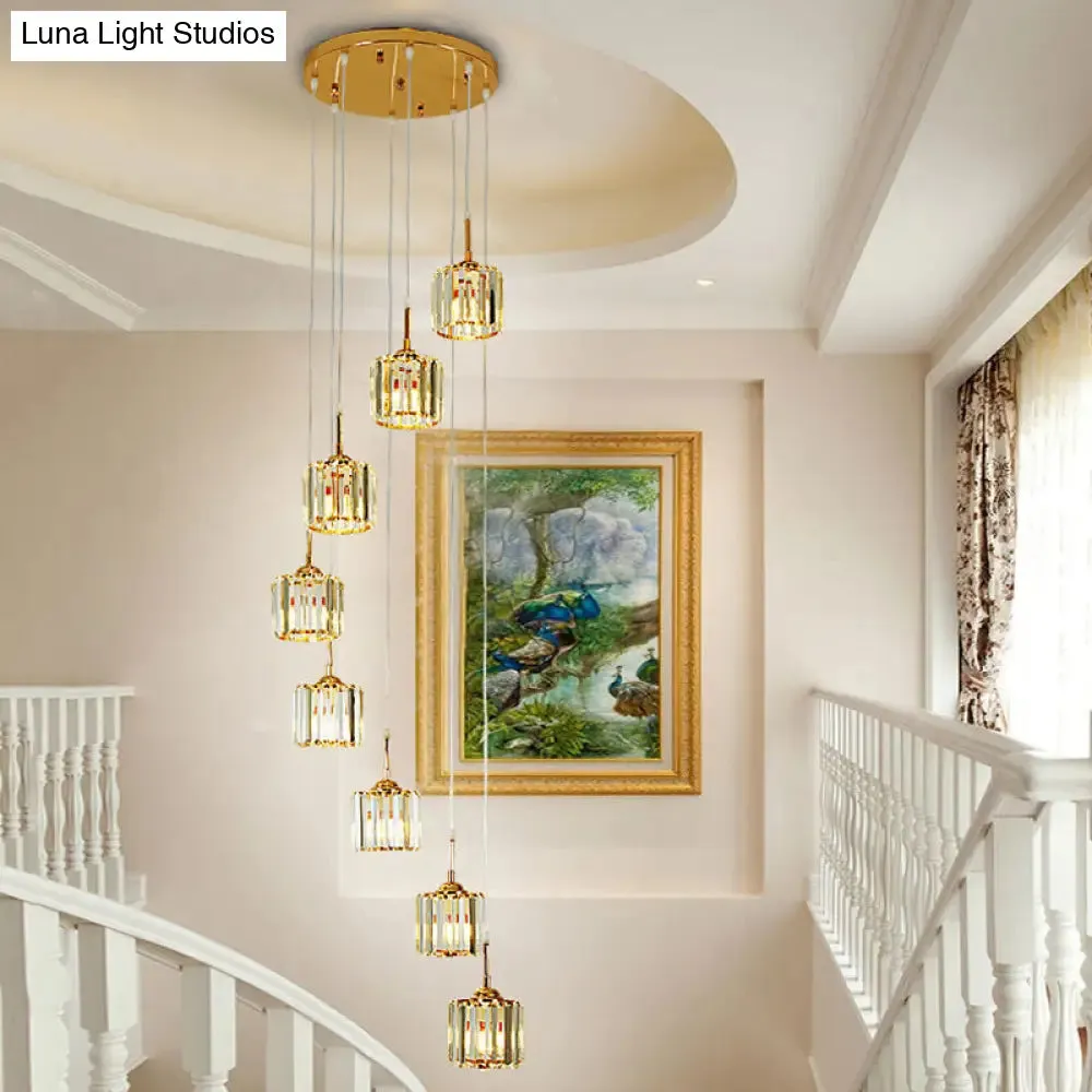 Modern Gold Crystal Mini Drum Pendant Light with Spiral Design - 8 Bulbs