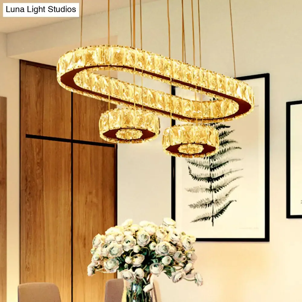 Modern LED Chrome Pendant Chandelier Light with Beveled Crystal Oval Design