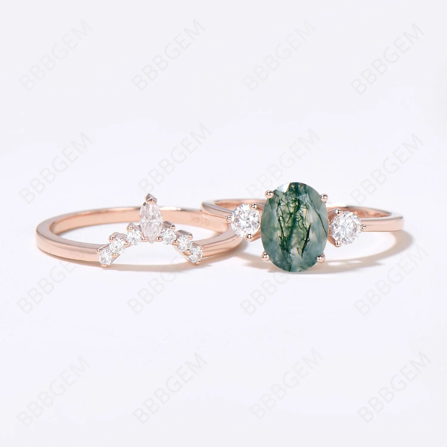 Moss Agate Engagement Ring Gold Cluster Bridal Set