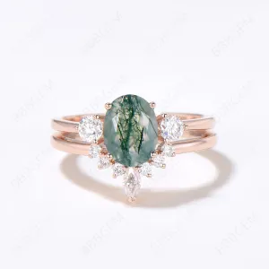 Moss Agate Engagement Ring Gold Cluster Bridal Set