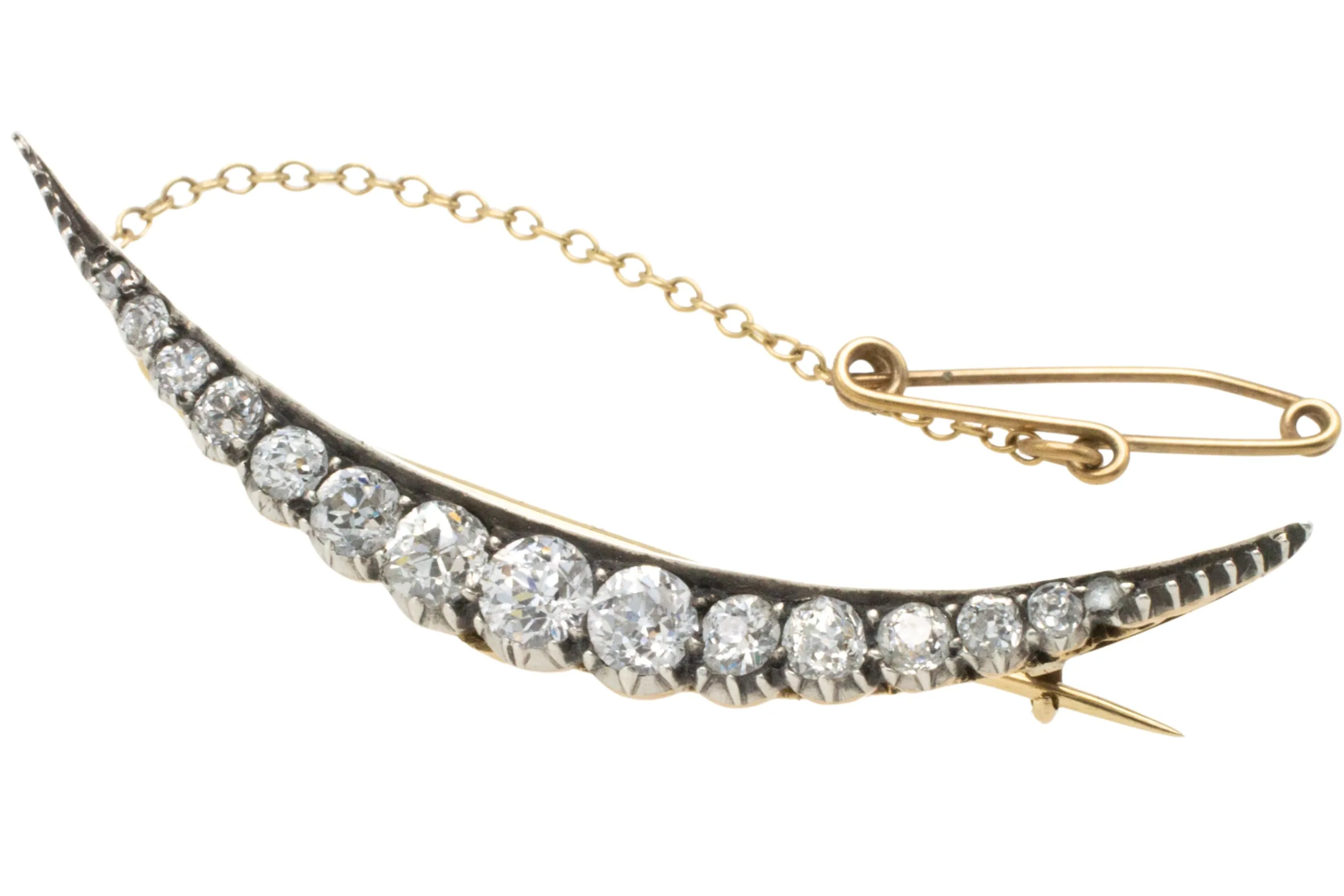 Old cut diamond crescent moon brooch