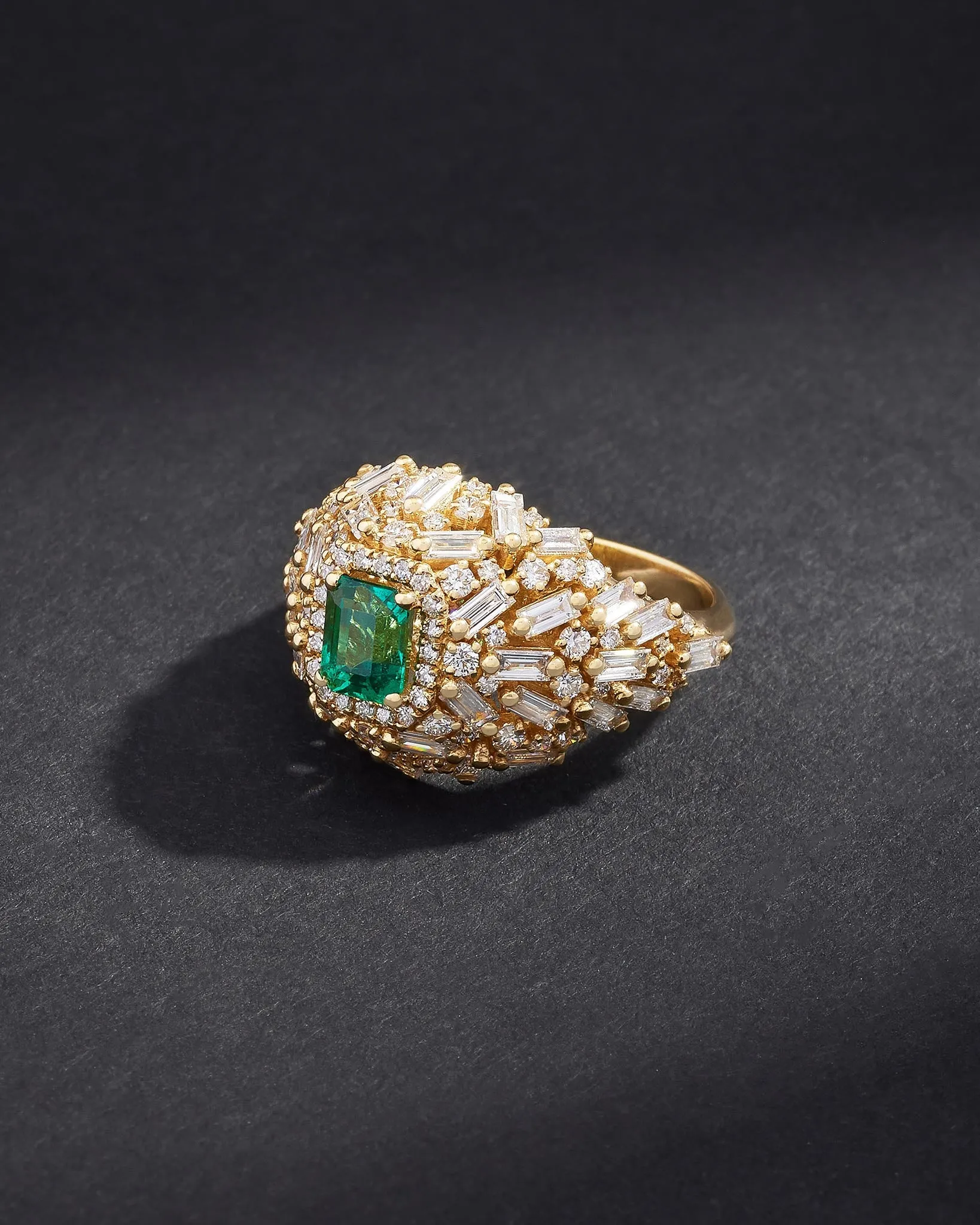 One of a Kind Cushion Cut Emerald Lion's Mane Ring