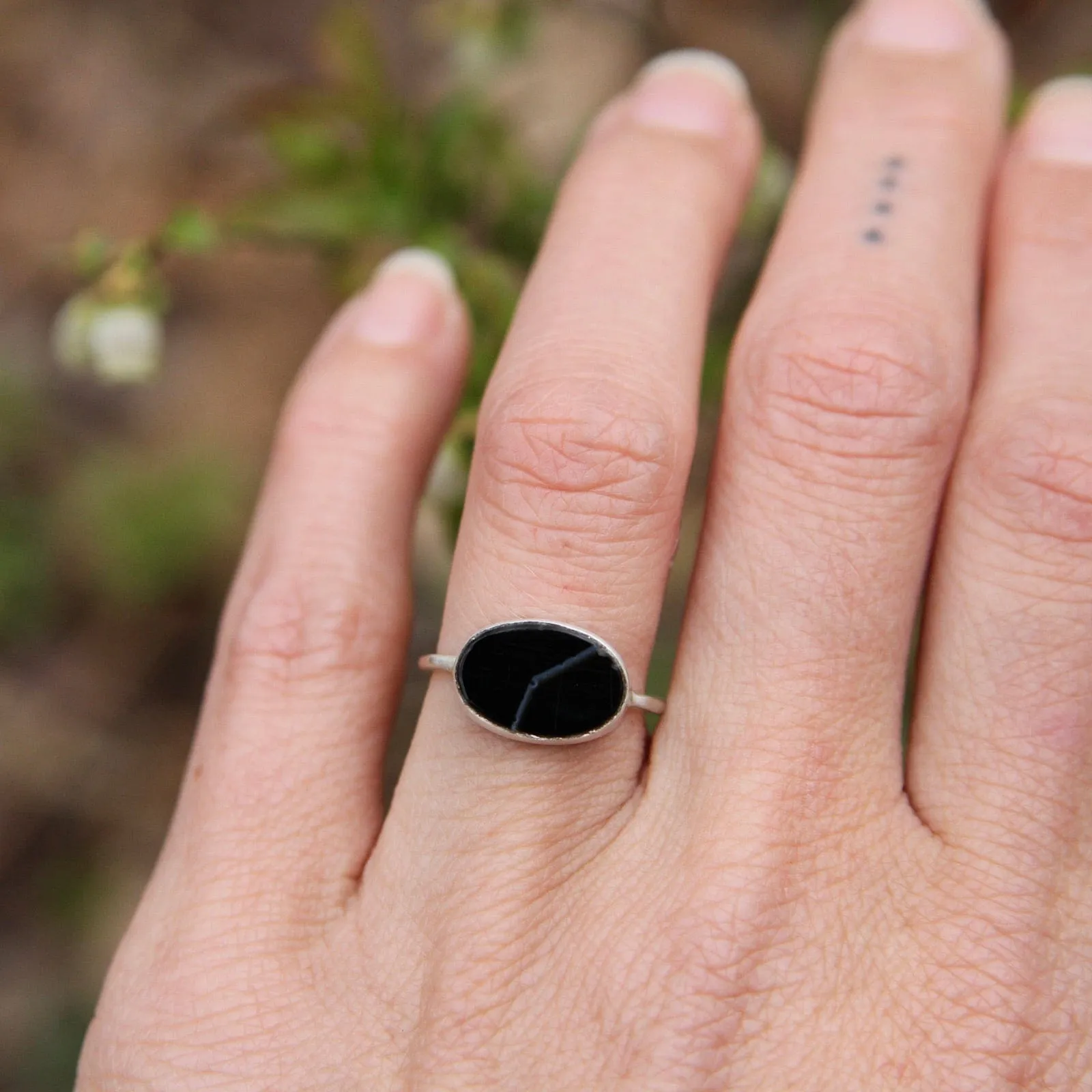 Oval Flat Cut Banded Black Onyx in Sterling Silver Ring