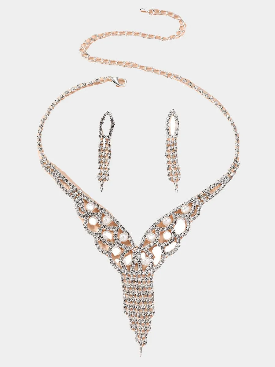 Pearl Tassel Rhinestones Earrings Necklace Set MSE00129