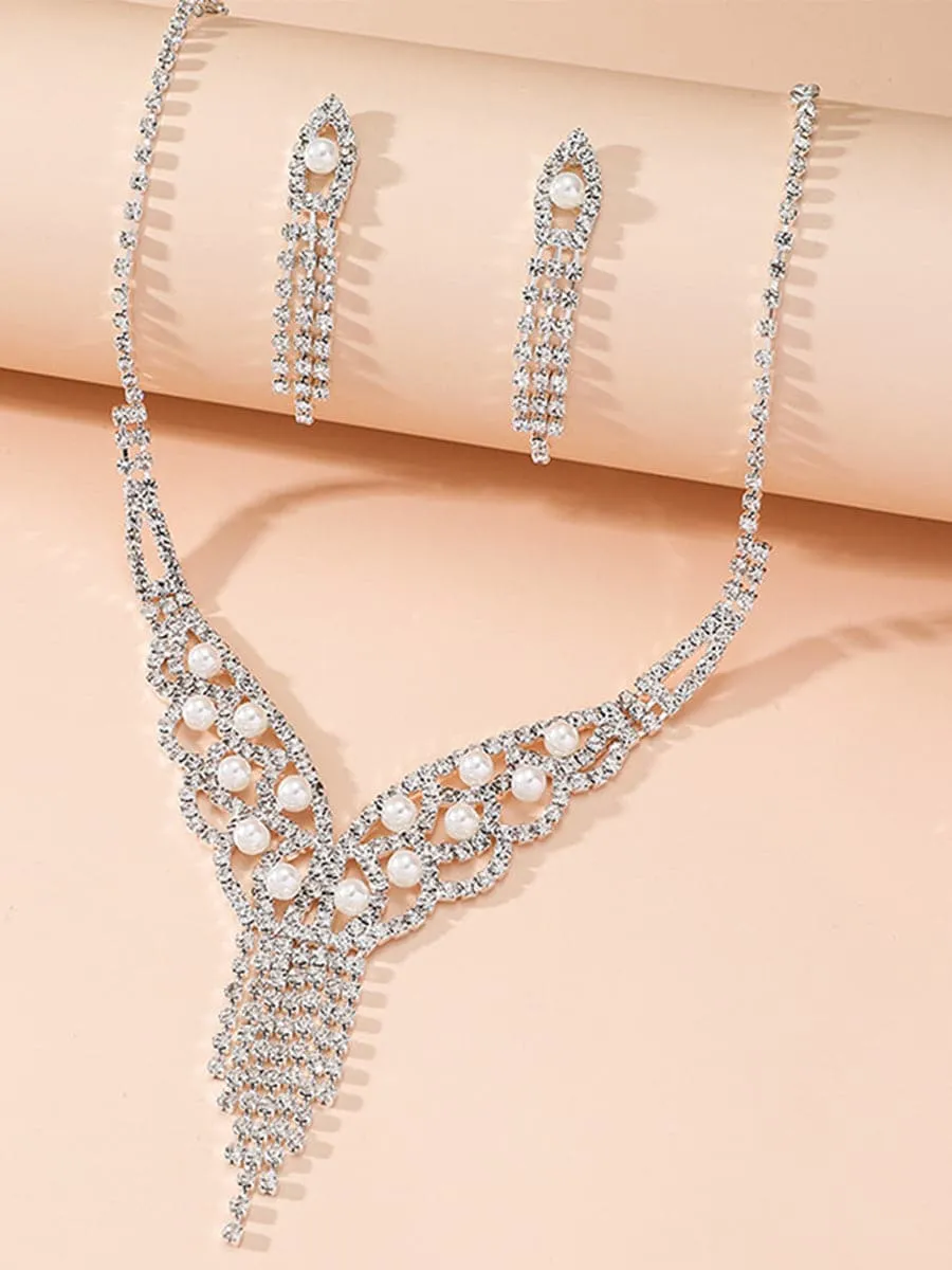 Pearl Tassel Rhinestones Earrings Necklace Set MSE00129