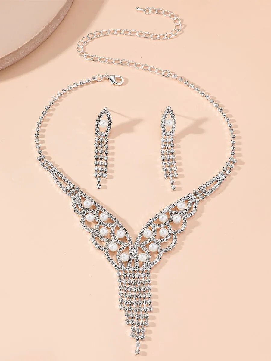 Pearl Tassel Rhinestones Earrings Necklace Set MSE00129