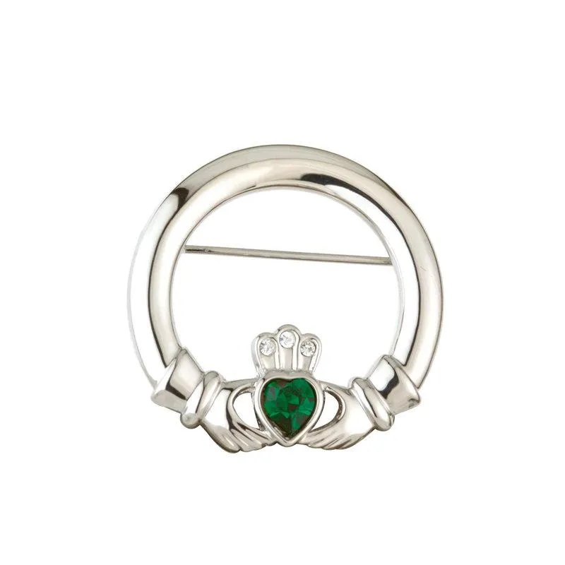 Rhodium Plated Green Crystal Heart Claddagh Brooch