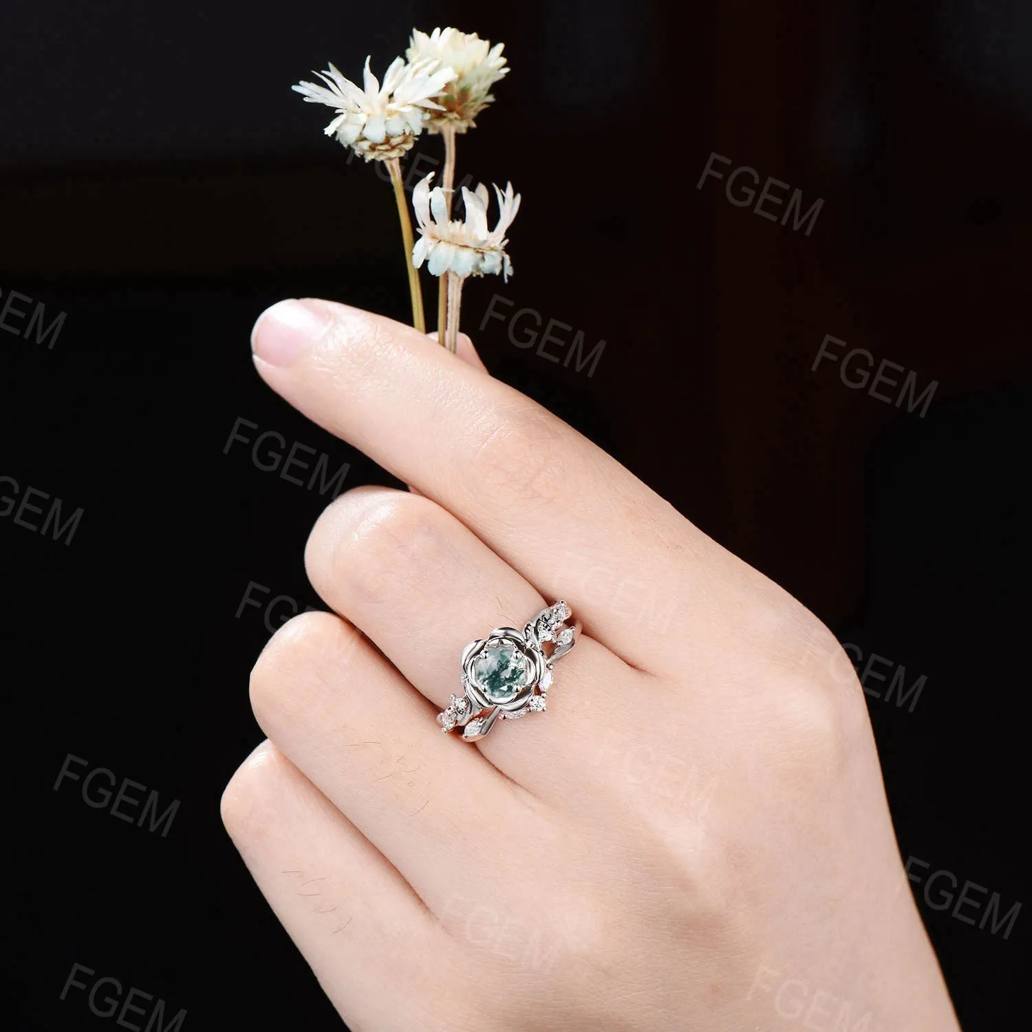 Rose Flower Engagement Ring 5mm Natural Moss Agate Ring Set Twig Vine Moissanite Bridal Set Green Moss Wedding Ring Nature Anniversary Gifts