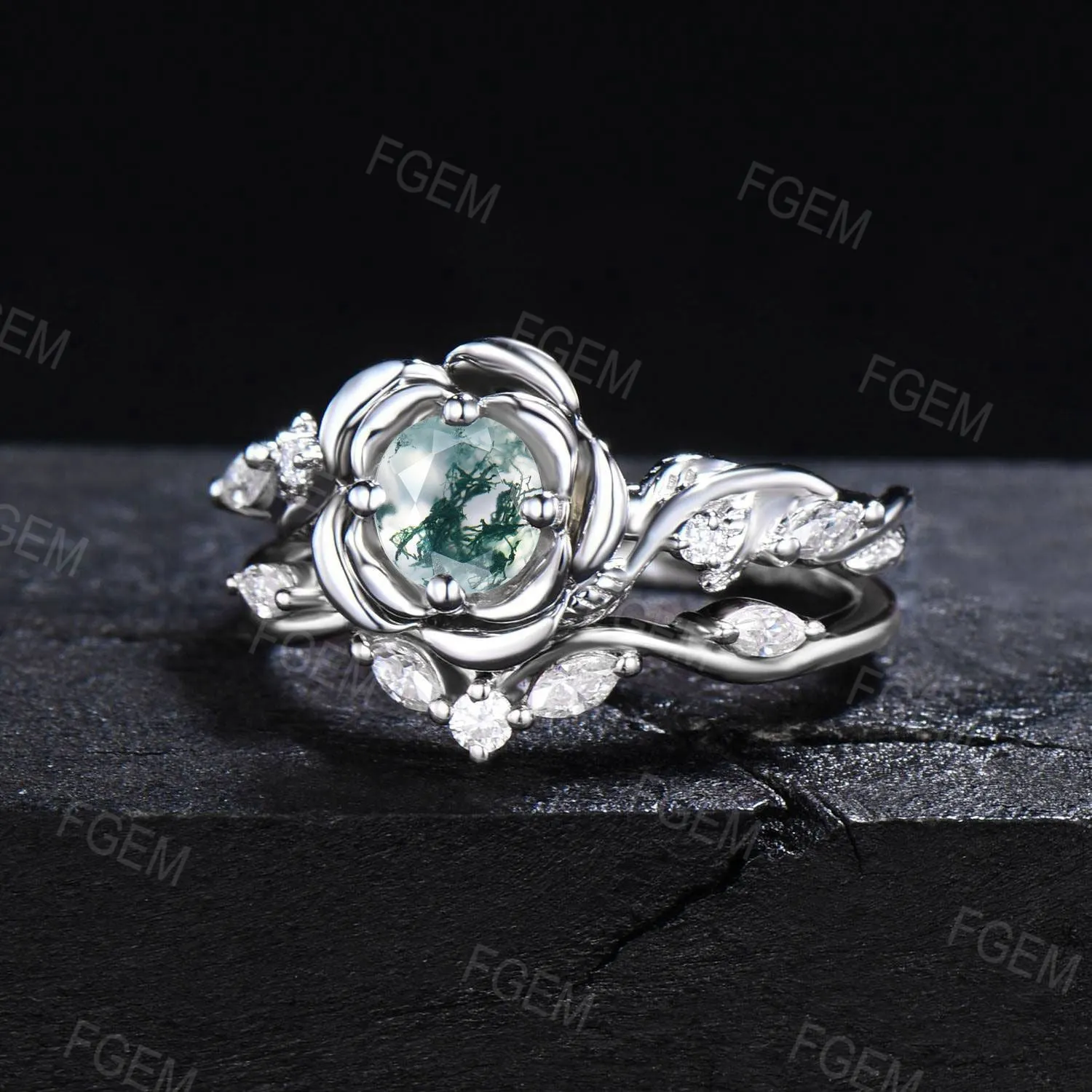 Rose Flower Engagement Ring 5mm Natural Moss Agate Ring Set Twig Vine Moissanite Bridal Set Green Moss Wedding Ring Nature Anniversary Gifts