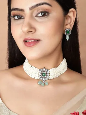 Rubans Studded Green and White Beads Choker Set.