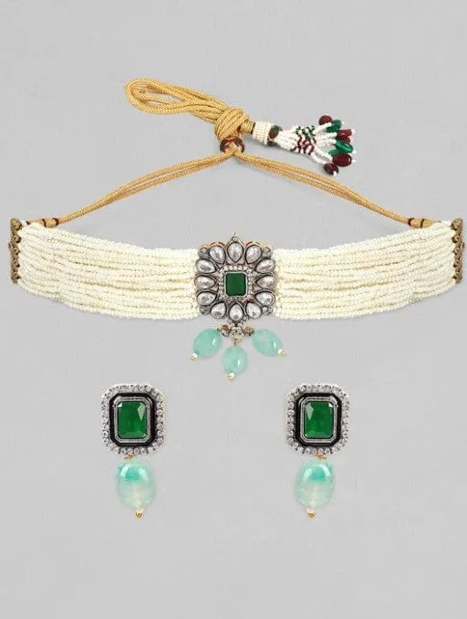 Rubans Studded Green and White Beads Choker Set.