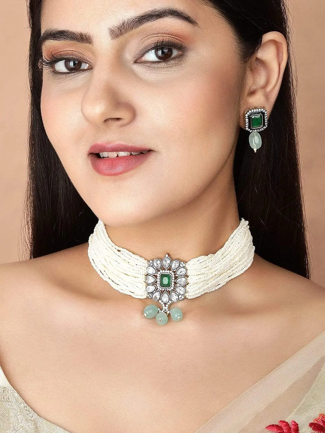 Rubans Studded Green and White Beads Choker Set.