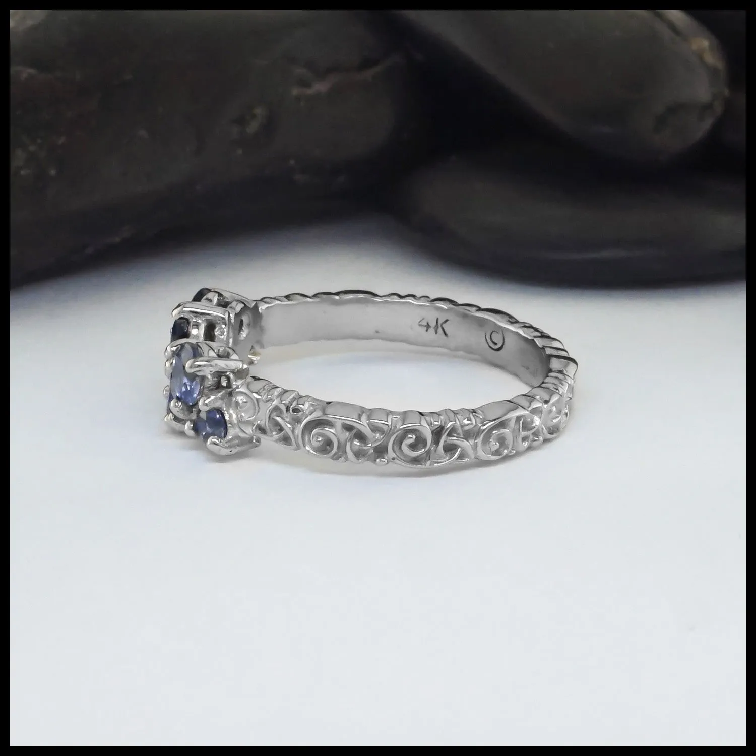 Sapphire Celtic Trinity Scroll Ring in 14K White Gold