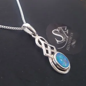 Silver Celtic Necklace With Created Blue Opal, October Birthstone