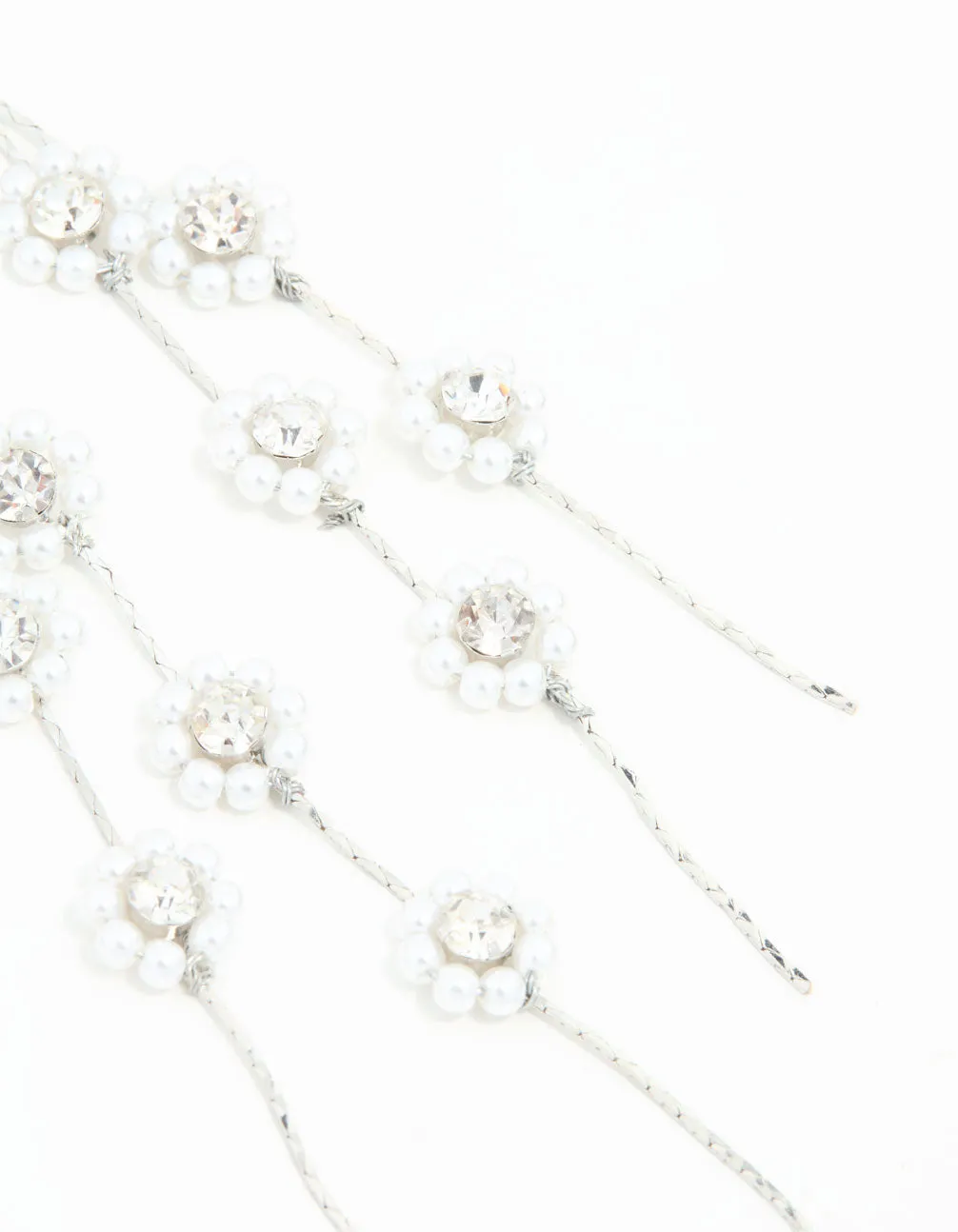 Silver Multirow Pearl & Diamante Flower Drop Earrings