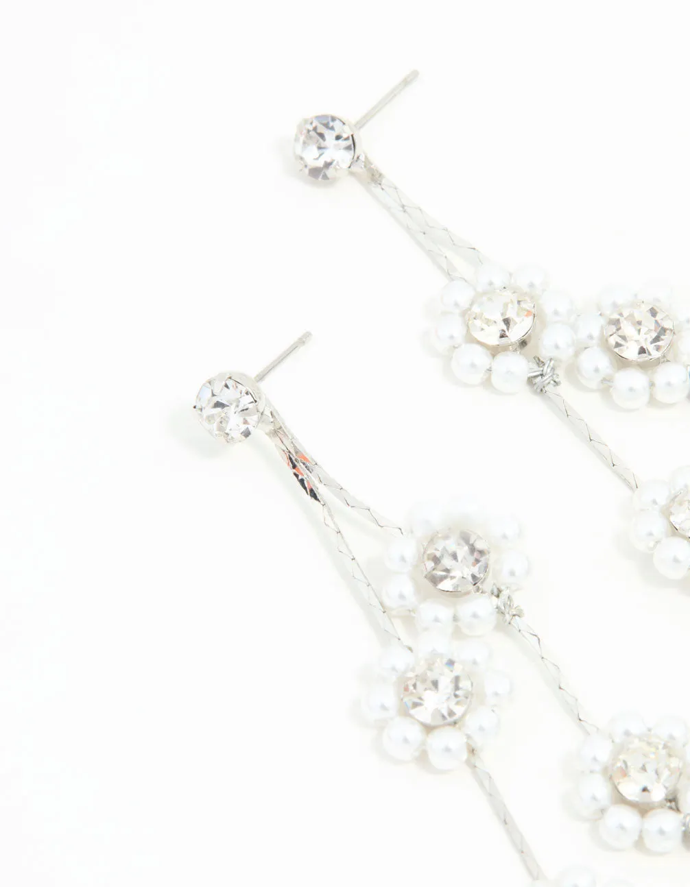 Silver Multirow Pearl & Diamante Flower Drop Earrings