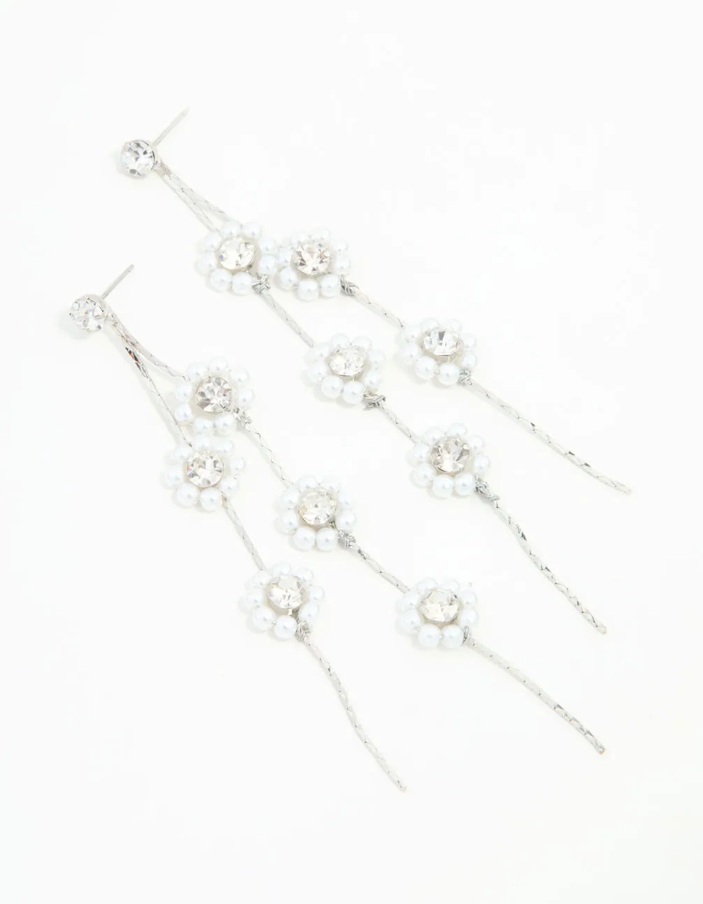 Silver Multirow Pearl & Diamante Flower Drop Earrings