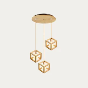 Simple Wooden Square Pendant Light with 3 Multi-Lights for Kitchen