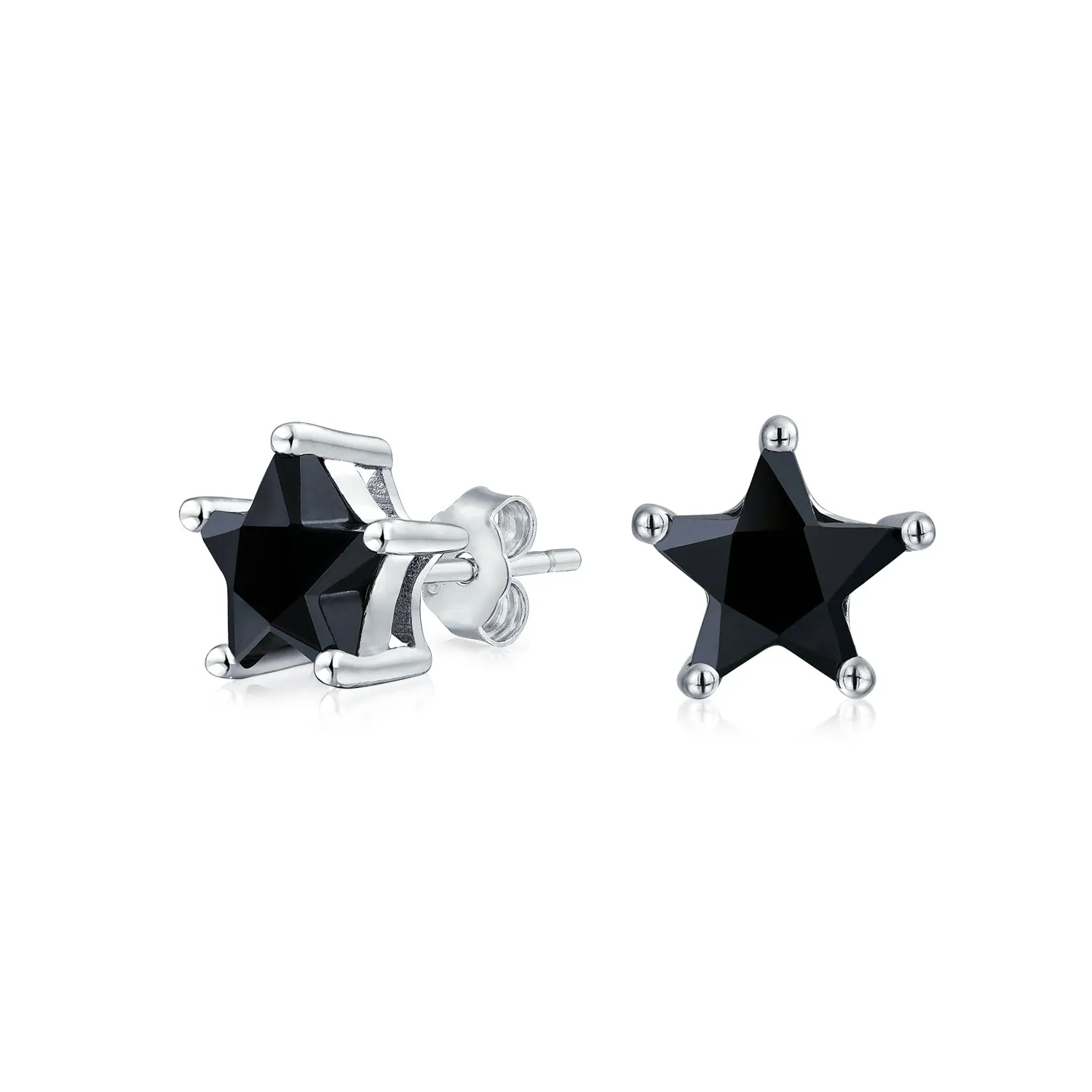 Small Celestial USA Black CZ Star Stud Earrings for Men, Sterling Silver 7, 6 MM