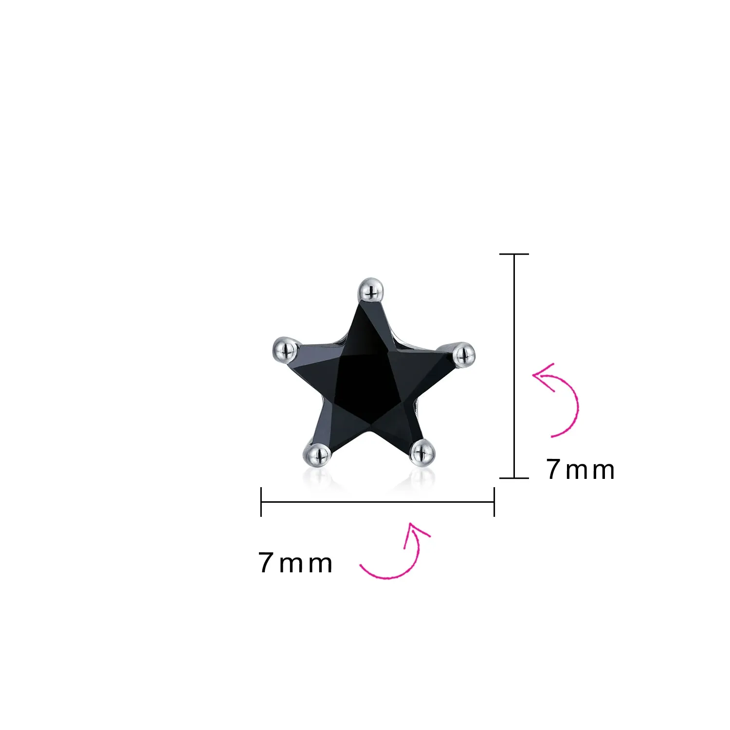 Small Celestial USA Black CZ Star Stud Earrings for Men, Sterling Silver 7, 6 MM