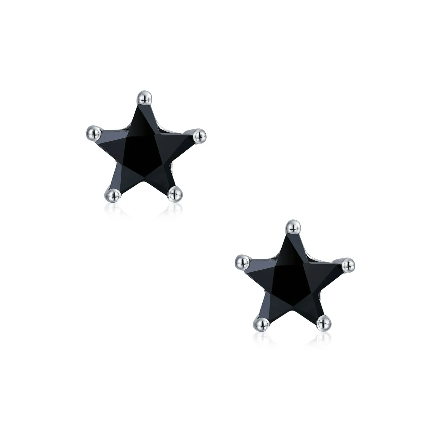 Small Celestial USA Black CZ Star Stud Earrings for Men, Sterling Silver 7, 6 MM