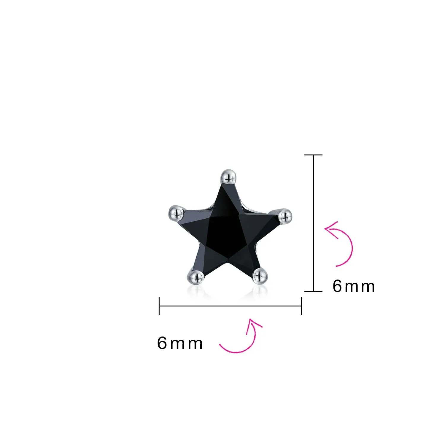 Small Celestial USA Black CZ Star Stud Earrings for Men, Sterling Silver 7, 6 MM