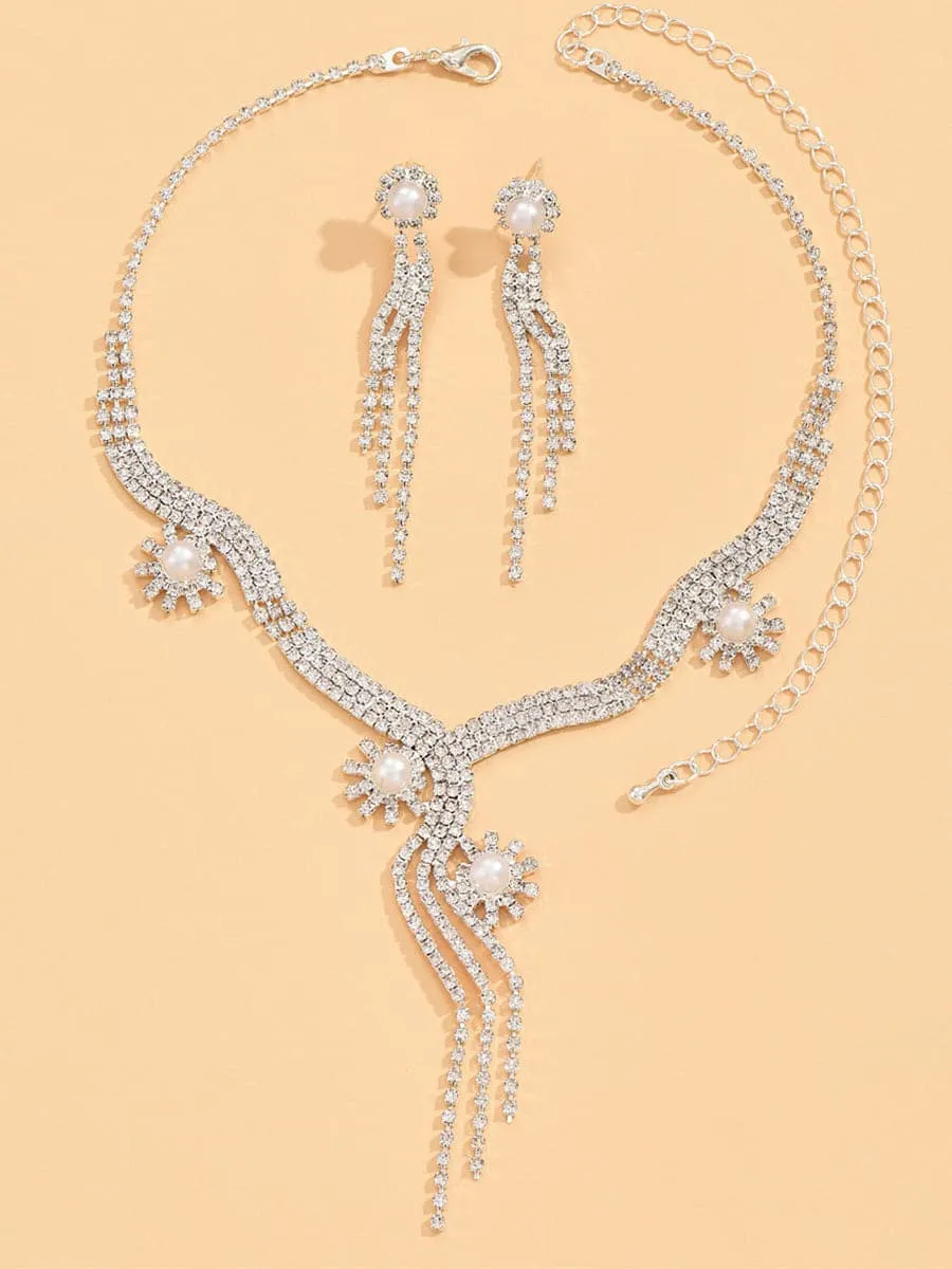 Sparkling Pearl Drop Crystal Rhinestone Necklace Set MSE00137