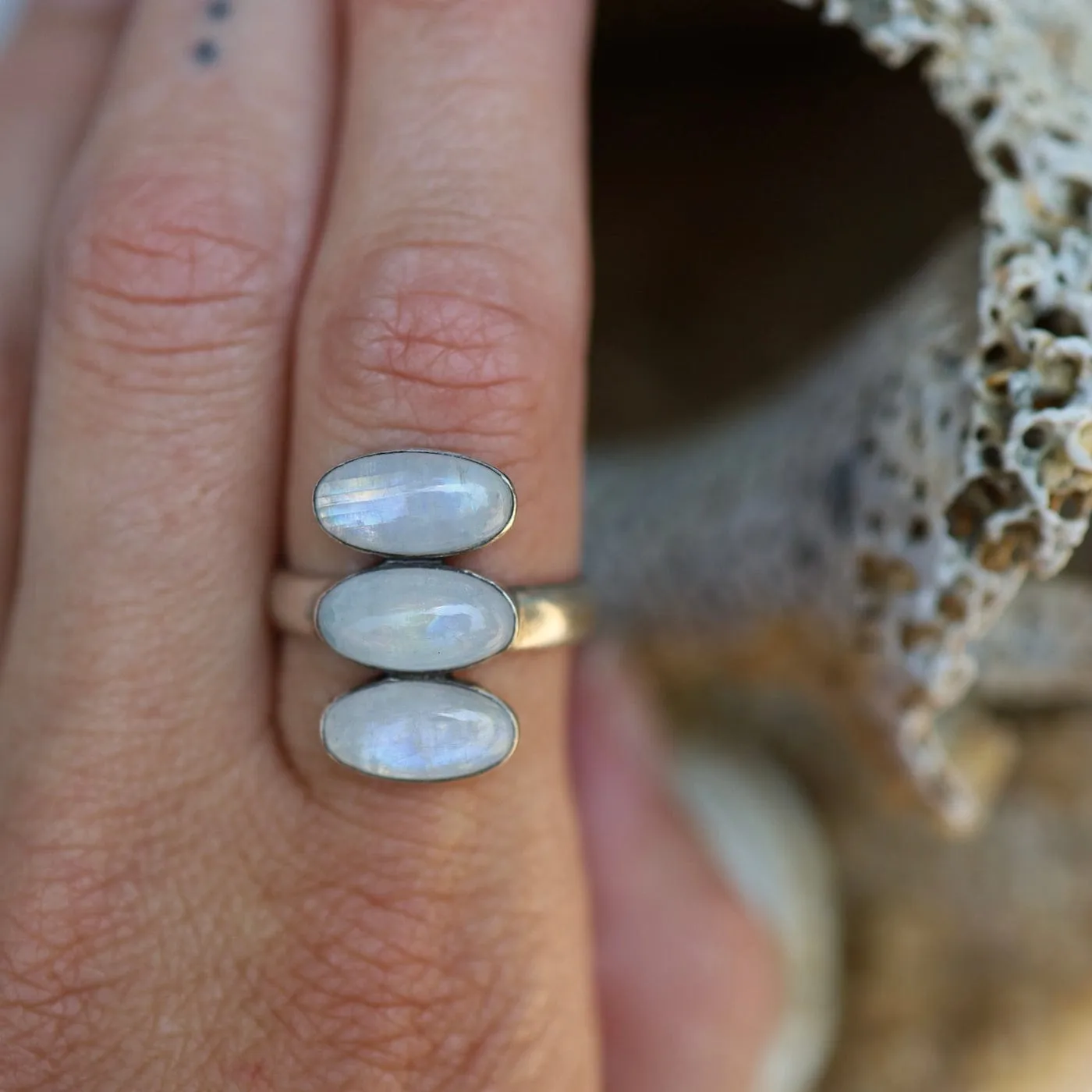 Triple Rainbow Moonstone Glowing Oval Cabochon Ring