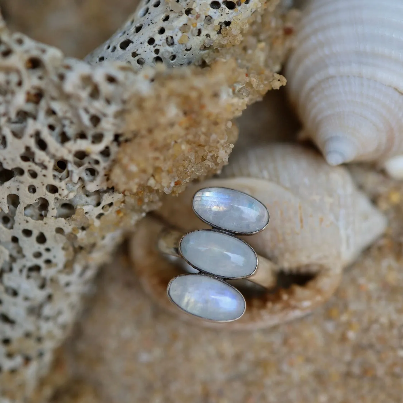 Triple Rainbow Moonstone Glowing Oval Cabochon Ring